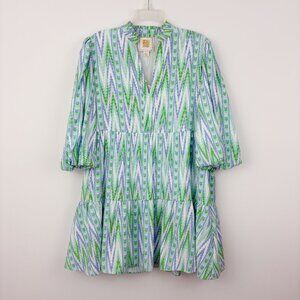 NWT Emily McCarthy Frankie Dress Size L Zig Zag Mini Green Blue White 3/4 Sleeve